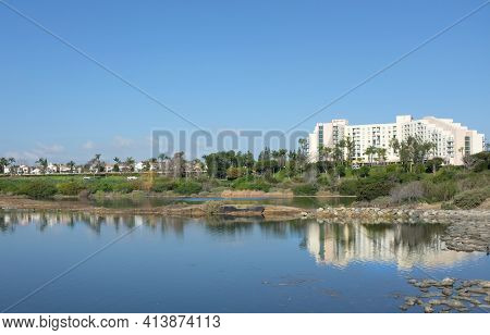 NEWPORT BEACH, CALIFORNIA - JANUARY 16, 2017: Newport Beach Marriott Bayview. Teh hotel overlooks the Back Bay Ecological Reserve.