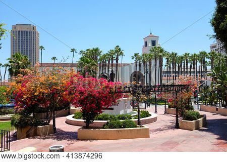 LOS ANGELES, CALIFORNIA - JUNE 12, 2018: Union Station seen from Antonio Aguilar Statue at El Pueblo de Los Angeles Historical Monument, Olvera Street.
