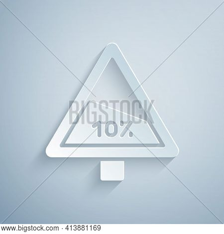Paper Cut Steep Ascent And Steep Descent Warning Road Icon Isolated On Grey Background. Traffic Rule