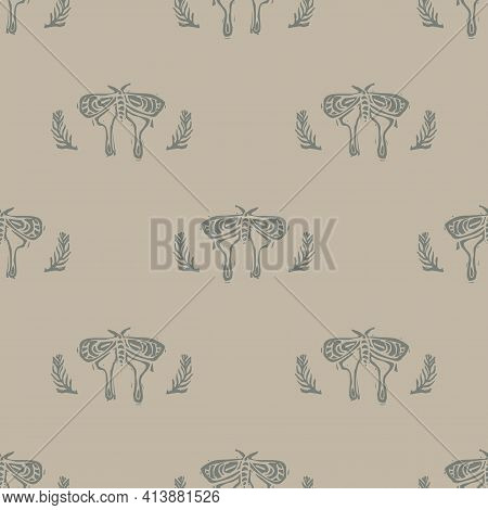Handmade Carved Garden Butterfly Block Print Seamless Pattern. Rustic Heritage Folk Art Bug Backgrou