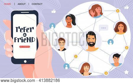 Hand Holding Phone And Invites His Friends To Referral Program. Referral Network Scheme, Which Conta