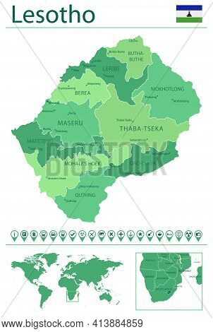 Lesotho Detailed Map And Flag. Lesotho On World Map.