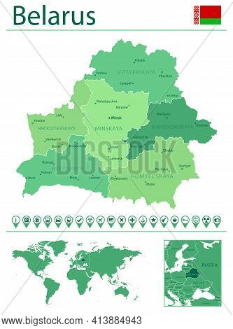 Belarus Detailed Map And Flag. Belarus On World Map.
