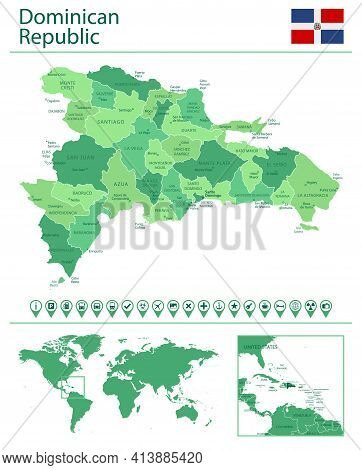 Dominican Republic Detailed Map And Flag. Dominican Republic On World Map.