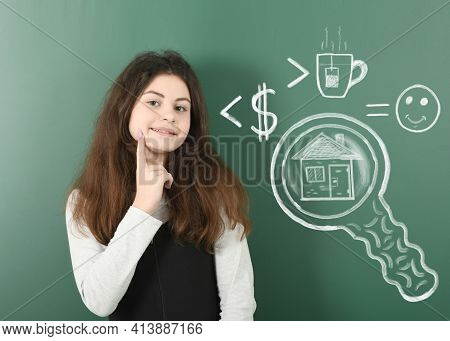 Pre-adolescent Girl Looks For Drawn Chalk New Home With The Most Comfortable Living Conditions. High