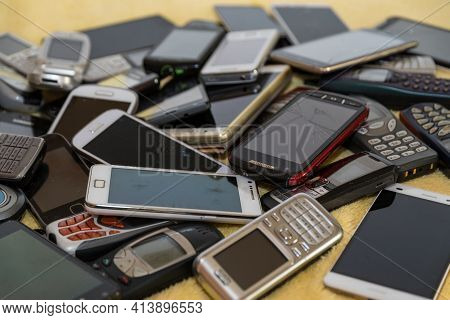 Collection Of Disused Smartphones For Recycling Valuable Raw Materials