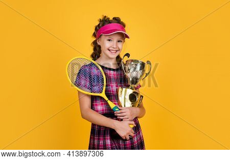 Sport Success. Happy Teen Girl In Sportswear Won The Prize. Championship Cup.