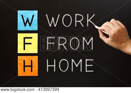Acronym Wfh Work From Home Handwritten With White Chalk On Blackboard. Home Office Concept.