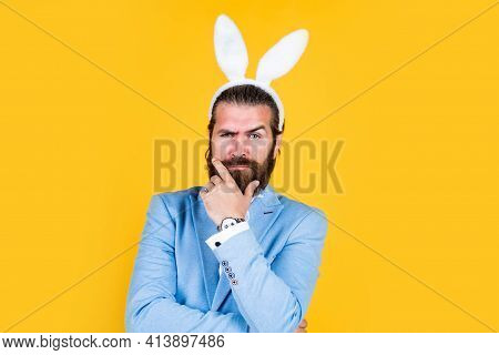Concept Of Egg Hunt. Easter Celebration Concept. Man In Bunny Ears. Rabbit Man Wear Hare Ears. Bunny