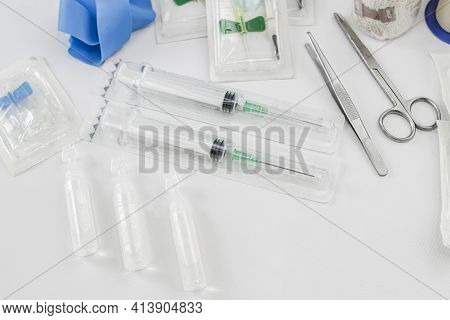 Syringes, Tweezers, Scissors, Serum, Vial, Pressure Band, Bendas And Hospital Supplies For Medical A