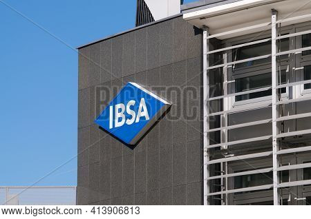 Lugano, Ticino, Switzerland - 18th March 2021 : Ibsa Group Sign Hanging On The Headquarters In Lugan