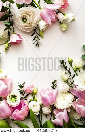 Pink And White Flowers Border Design Over The White