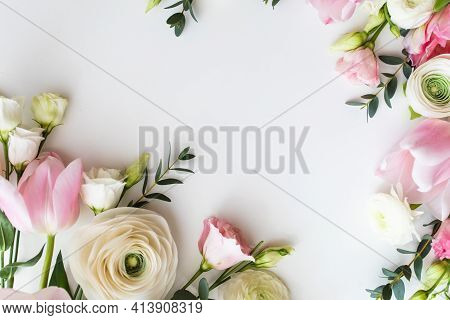 Pink And White Flowers Border Design Over The White