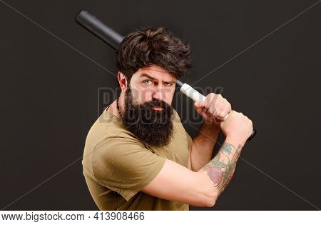 Bearded Man With Baseball Bat. Serious Man Ready To Swing. Baseball Player With Baseball Bat.