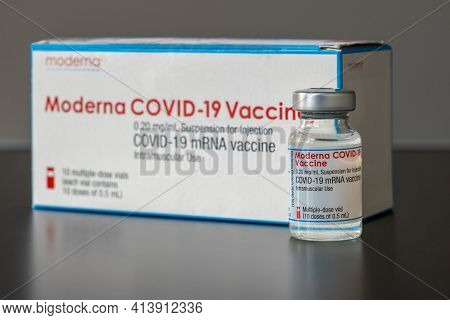 Montreal, Ca - 23 March 2021: Vial Of Moderna Covid-19 Vaccine