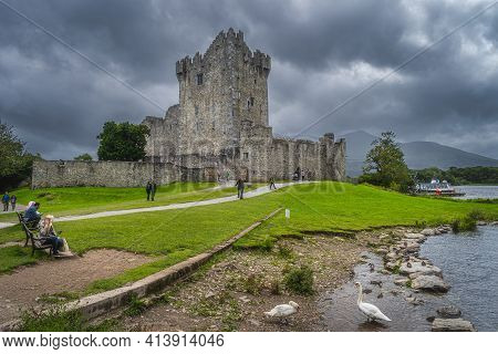 Killarney, Ireland, August 2019 People Sightseeing And Visiting Beautiful, 15th Century Ross Castle 