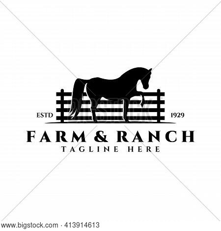 Farm And Ranch Logo Vector Illustration Design, Fence Horse Logo Vintage