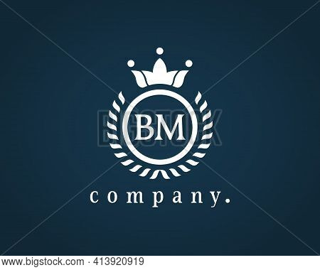 Letter Bm, B M Loral Wreath Logo Luxury Design With A Circle. Graceful, Elegant Monogram With A Crow