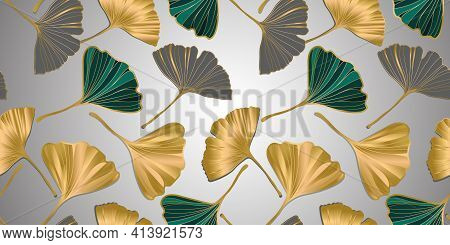 Vector Banner Of Ginkgo Biloba Leaf. Ink Line Art Design. Ginkgo Biloba Leaves. Seamless Pattern.