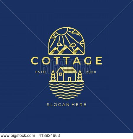 Cottage Line Art Logo Vector Illustration Design, Mountain River Pine Tree Line Art , Or Cabin Line 