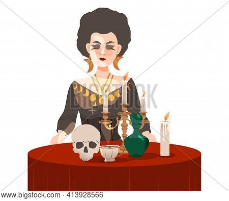 Woman As Fortune Teller Or Psychic At Table With Candle And Skull Predicting Future Or Performing Oc