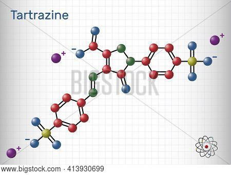Tartrazine Molecule. It Is Trisodium Salt Of Tartrazine Acid, Yellow Azo Dye, Food Dye, Food Colouri