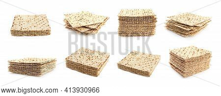 Set With Passover Matzos On White Background, Banner Design. Pesach Celebration