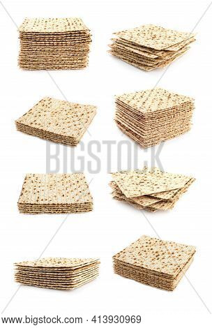 Set With Passover Matzos On White Background. Pesach Celebration