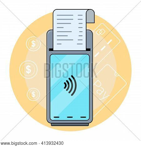 The Concept Of A Touchscreen Banking Terminal In Flat Style, Payment By Card And Smartphone.
