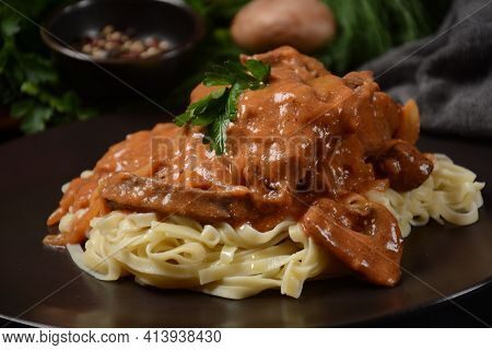 Traditional Beef Stroganoff With Mushrooms And Noodles