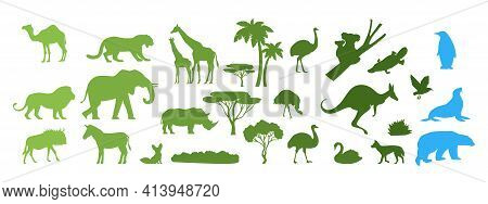 African, Australian, Arctic Wild Animal Silhouettes, Vector Paper Cut Illustration. Save Animals, Di