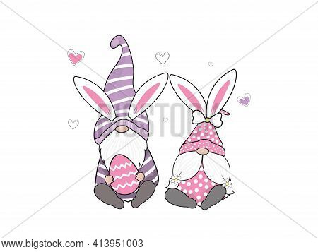Haapy Easter Bunnies And Easter Egg. Vector Illustration