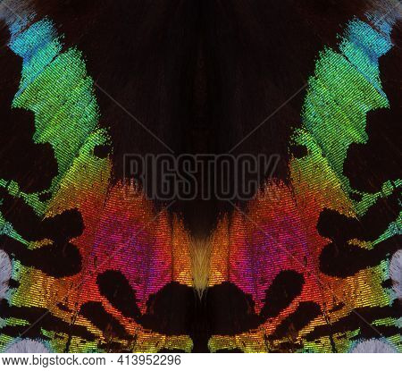 Madagasgan Sunset Butterfly, Fragment Of The Wing Of A Tropical Butterfly. Colors Of Rainbow. Abstra