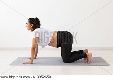 Young Flexible Pregnant Woman Doing Gymnastics On Rug On The Floor On White Background. The Concept 
