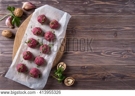 Georgian Beetroot Phali Or Pkhali With Walnuts, Garlic And On Wooden Background.