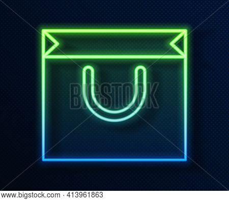 Glowing Neon Line Shopping Bag Icon Isolated On Blue Background. Shopping Bag Shop Love Like Heart I
