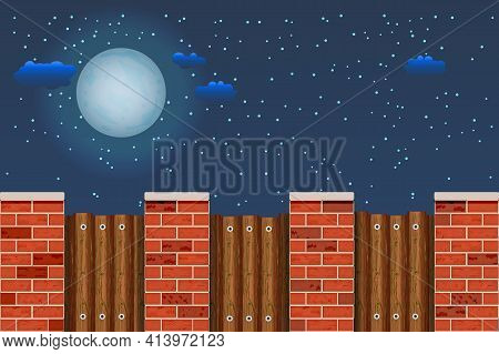Wooden Fence Against The Night Sky. Rural Wooden Fence With Pillars Of Bricks And Sky With Moon, Sta
