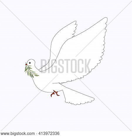 White Dove Of Peace With An Olive Branch In Beak Fly. Art Design Element Stock Vector Illustration F