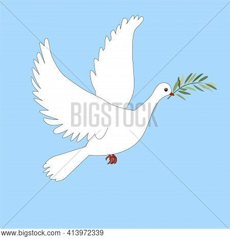White Dove Of Peace With An Olive Branch In Beak Fly. Art Design Element Stock Vector Illustration F
