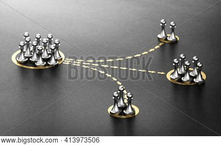 3d Illustration Of Pawns Segmented In Different Categories Over Black Background. Concept Of Audienc
