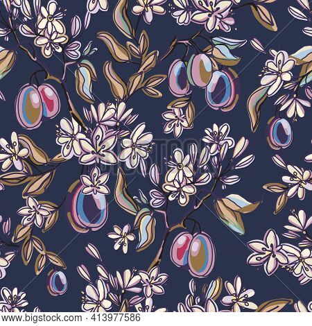 Seamless Pattern With Hand Drawn Plum Flowers And Fruits. Blooming Plum Branches On Dark Vintage Bac