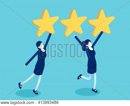 Rating For Business. Consumer Rate To Choose Positive Stars For The Application. Isometric Vector Co