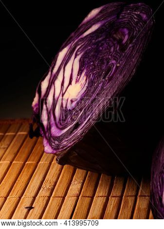 Red Cabbage Close-up. The Texture Of The Cut Cabbage.