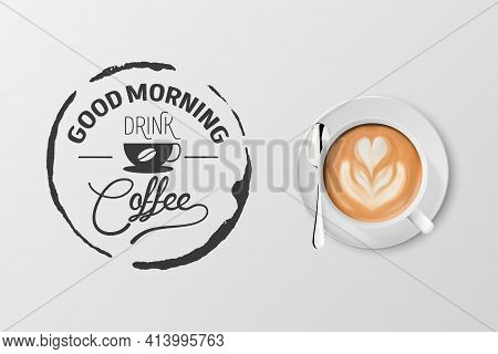 Vector 3d Realistic White Metal Enamel Mug With Foam Coffee - Capuccino, Latte - Isolated. Coffee Cu