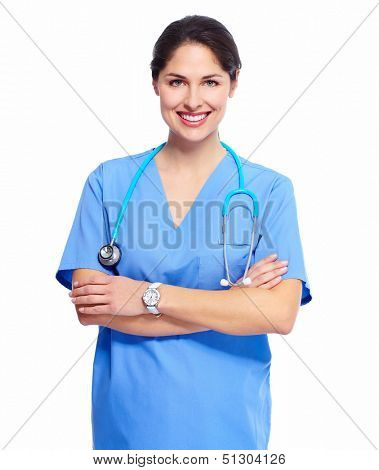 Nurse in uniform with stethoscope isolated on white background