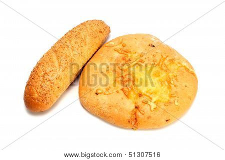 French Baguette And Bread With Cheese Isolated On White