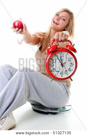 Time For Diet Slimming. Large Girl With Scale.