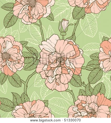 Floral seamless pattern with pink roses on green background