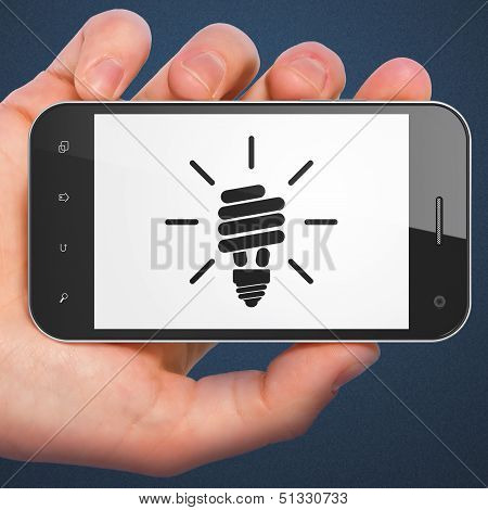 Finance concept: smartphone with Energy Saving Lamp.