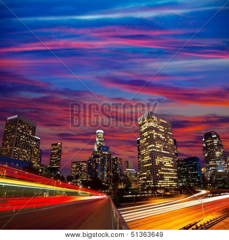 Downtown LA night Los Angeles sunset skyline California from 110 freeway